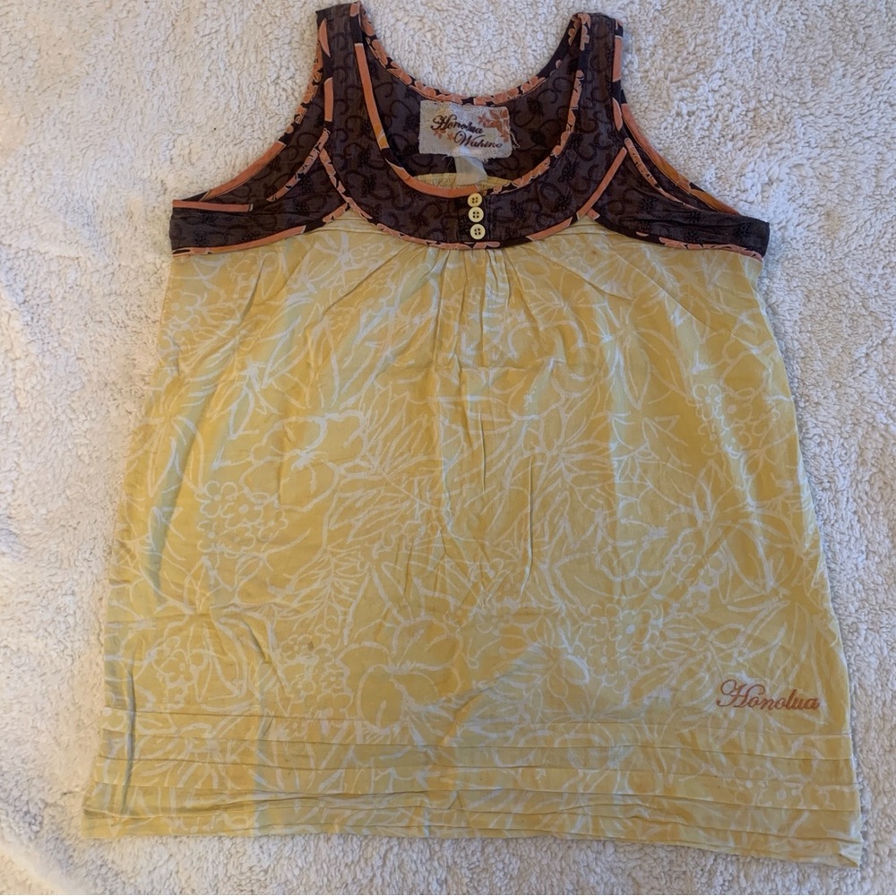 Honolulu Wahine Beach Coverup Tank Top Spring Break Yellow Brown Linen Floral